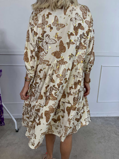 Milano Butterfly Midi - Elastisk kjole med sødt sommerfugleprint og A-facon