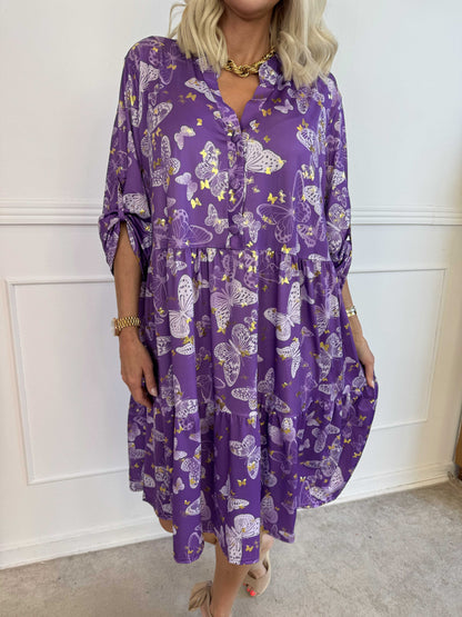 Milano Butterfly Midi - Elastisk kjole med sødt sommerfugleprint og A-facon